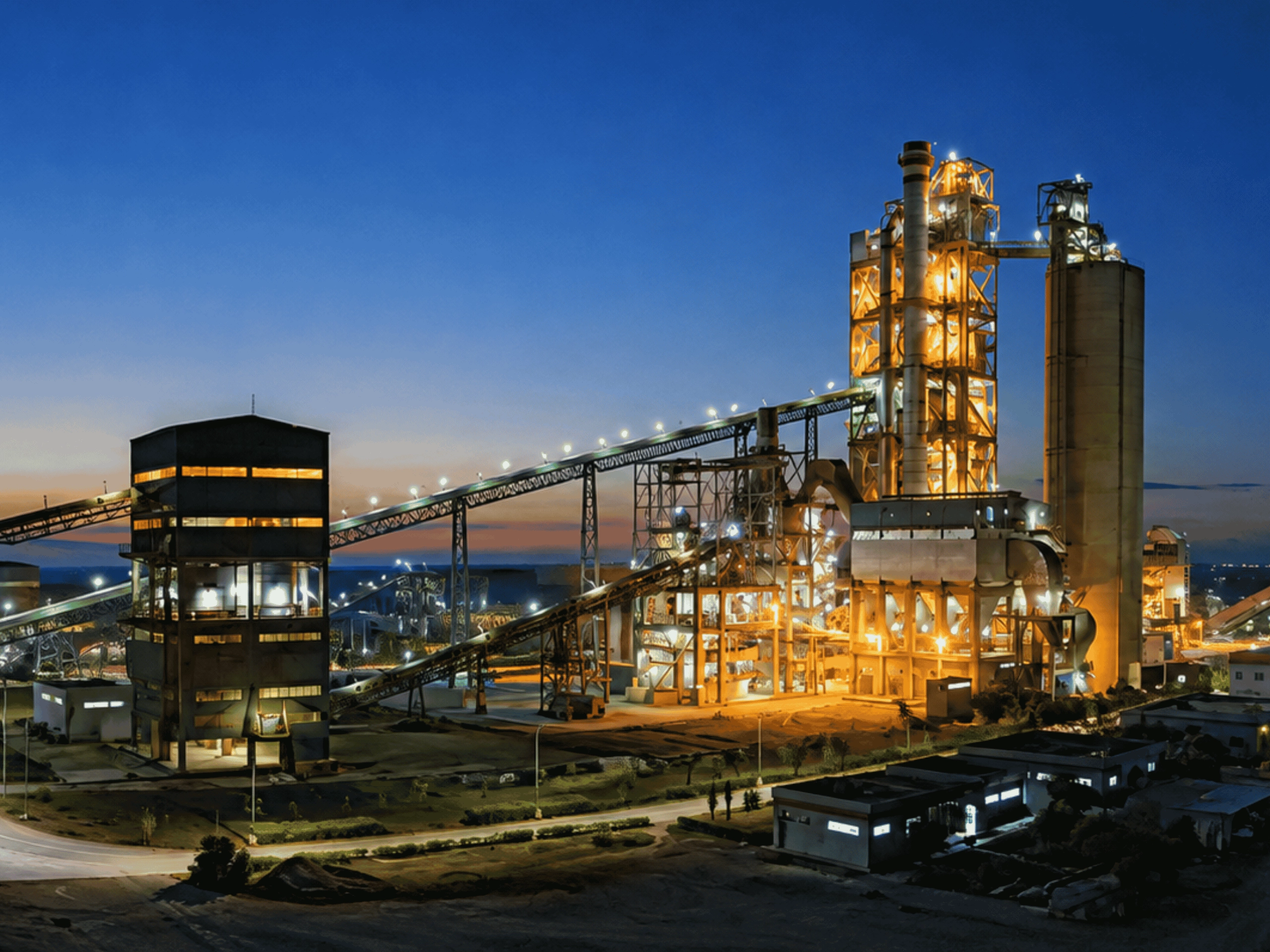Wide cement plant at night